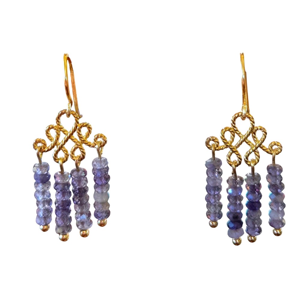 Boho Iolite Beaded Chandelier Drop Earrings Gold Tone Scrollwork Dangle Handmade